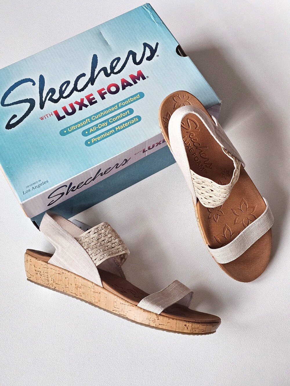 Skechers Luxe Foam Nude Cork Wedge Sandals Women’s Size 11 Boho Comfort NIB